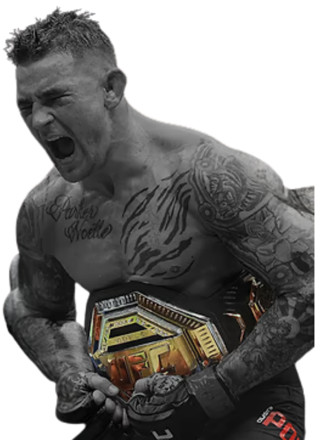 UFC veteran Dustin Poirier roaring as he holds a UFC championship belt